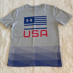 Under Armour Light Gray Tee with Blue Flag Graphic and Red USA Print SZ 14-16